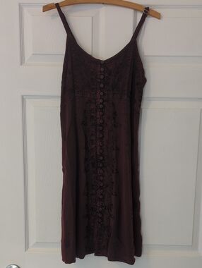 Embroidered Button-Front Boho Dress in Deep Burgundy One Size Fits Most Women